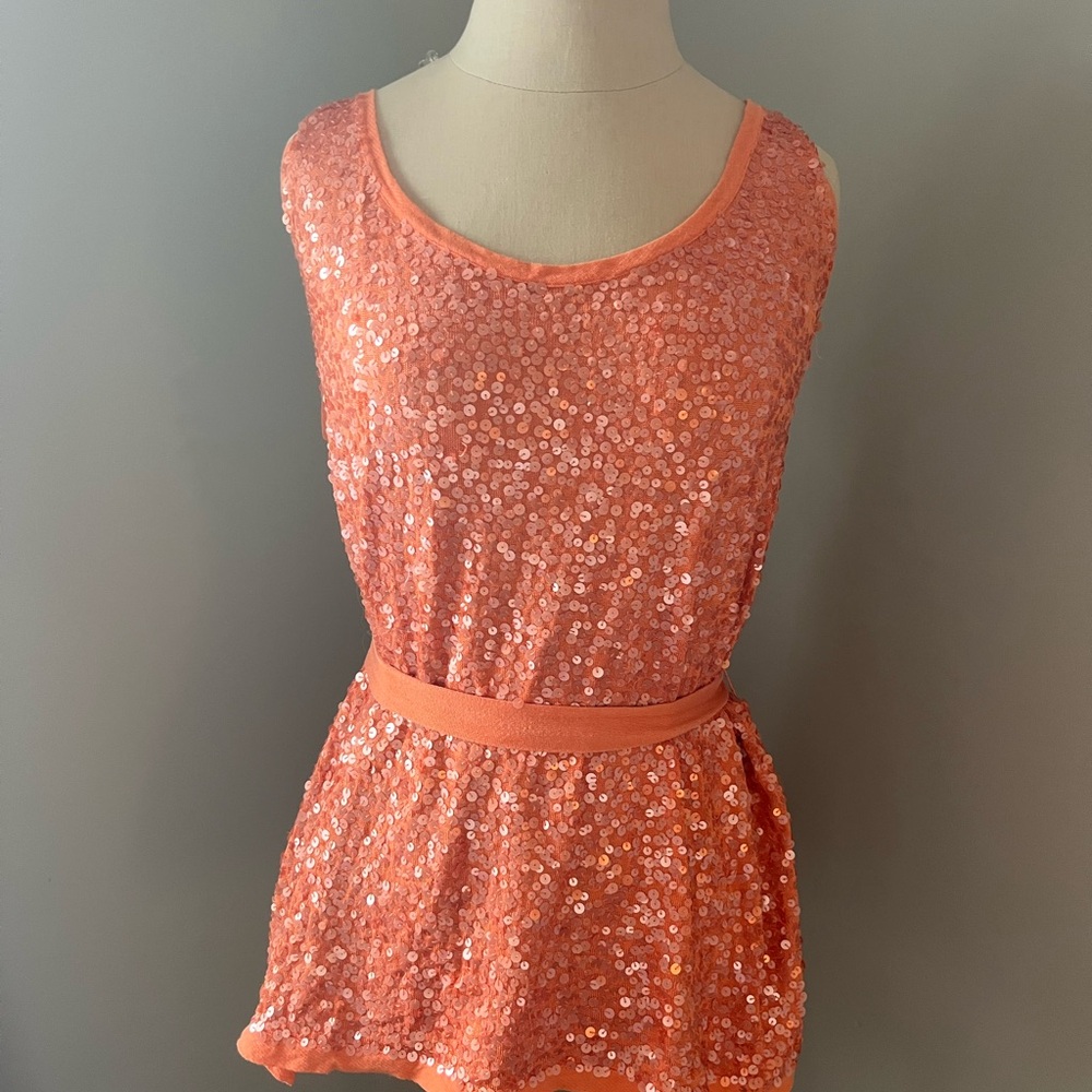 Neiman Marcus Orange Sequin Fitted Tank Top